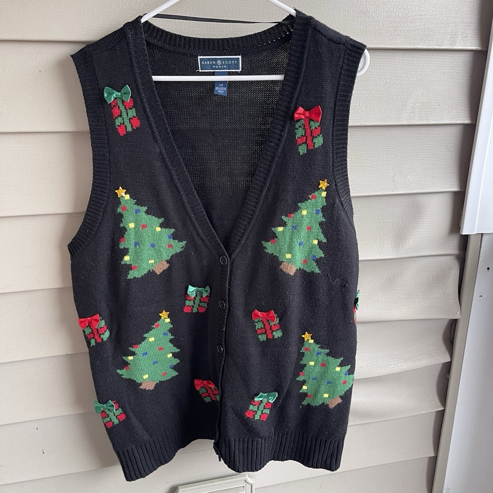 Karen Scott Christmas Holiday Vest Sleeveless Cardigan 1X Trees Granny Teacher